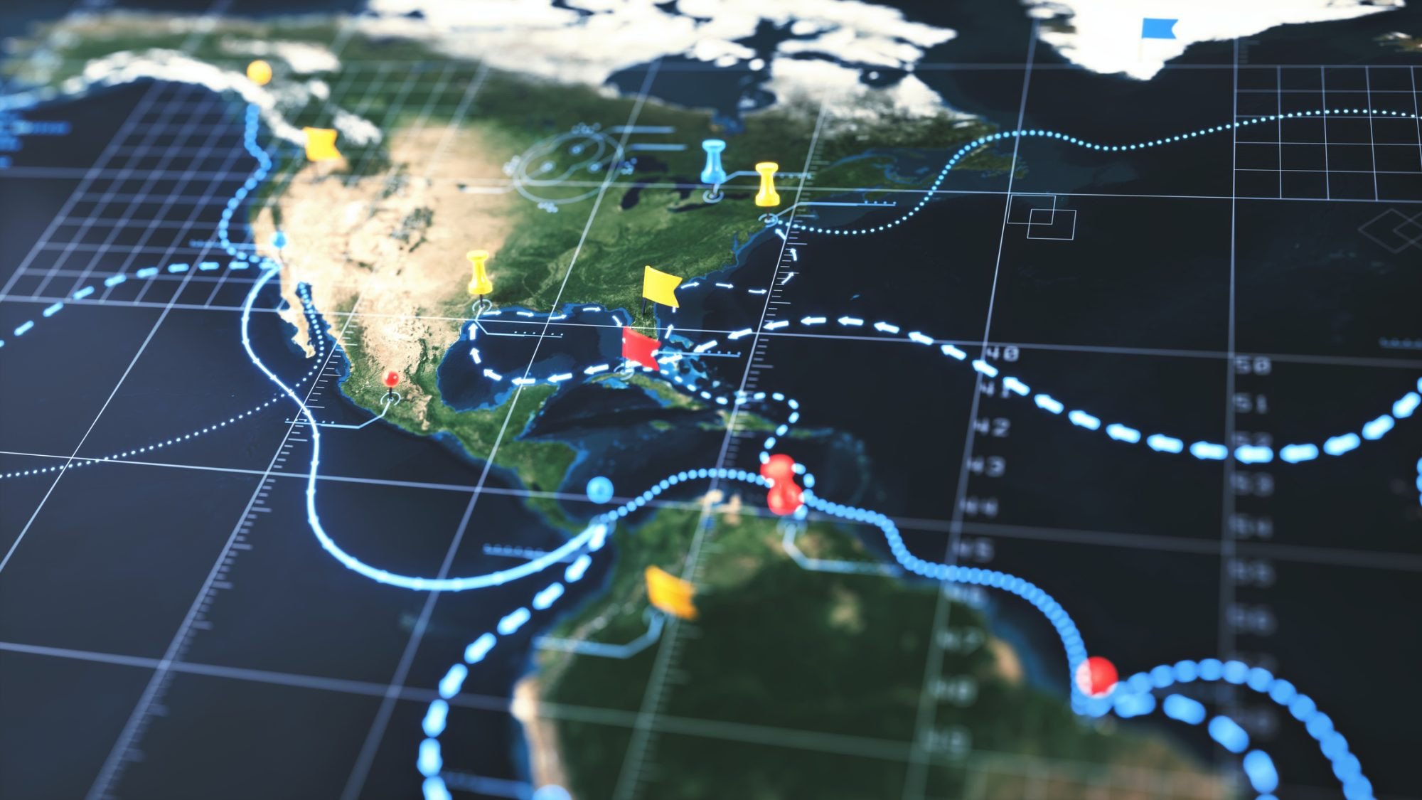 Strategic world map of the Americas with digital infographics overlay, pinned locations and sea routes